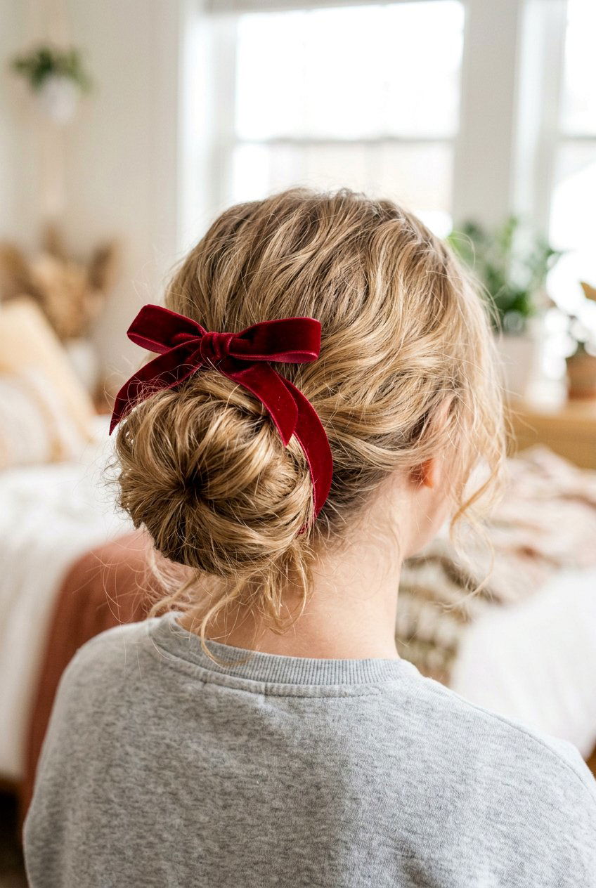Ribbon Messy Bun - 20 cute school hairstyle with ribbon - 20 cute school hairstyle with ribbon