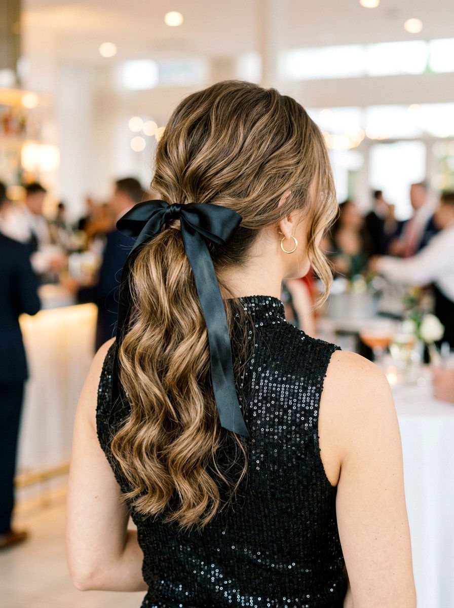Ribbon Tied Cocktail Ponytail With Soft Waves - 20 cocktail ponytail with soft waves - 20 cocktail ponytail with soft waves