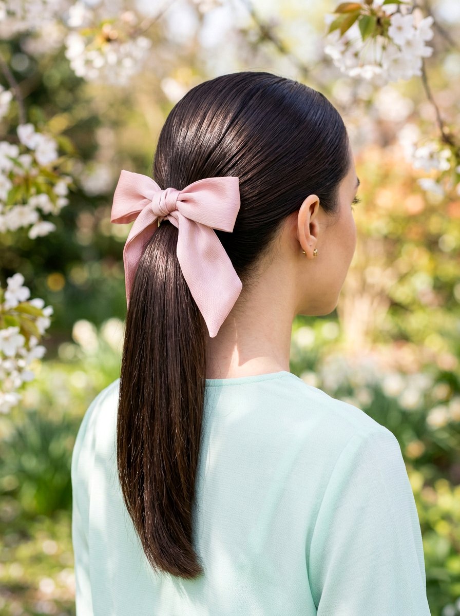 Ribbon Tied Glossy Straight Ponytail - 20 glossy straight ponytail hairstyle - 20 glossy straight ponytail hairstyle