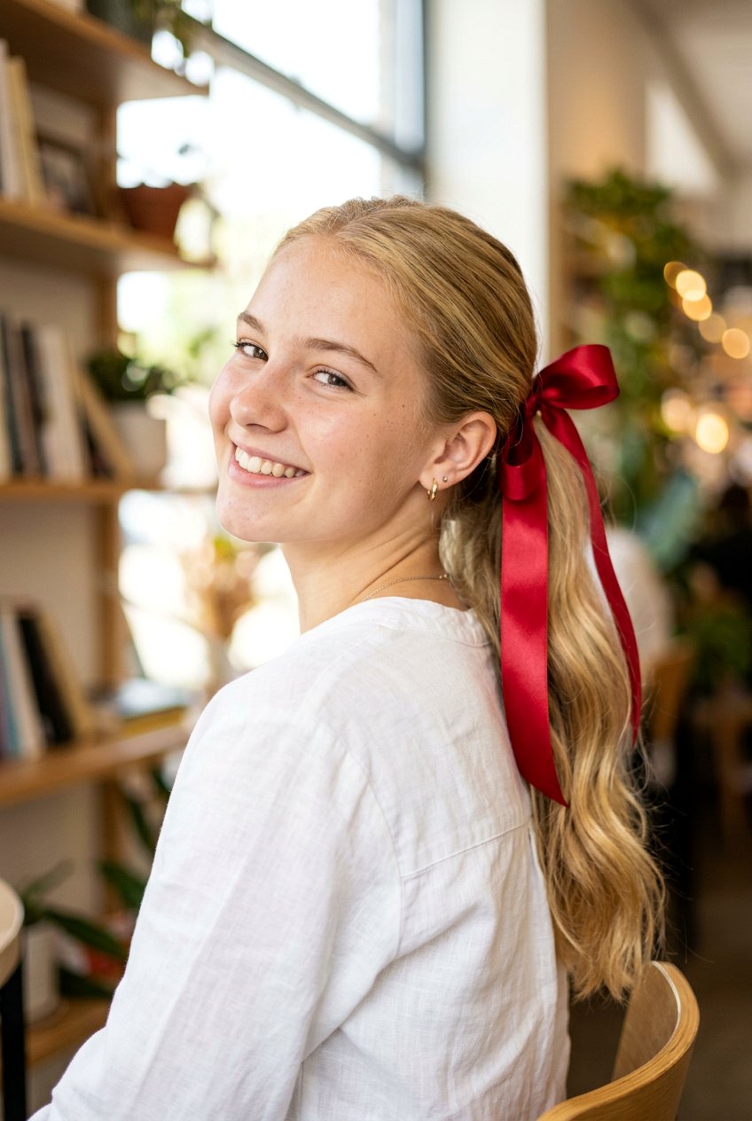 Ribbon Tied Pony - 20 school hairstyle for teenage girls with medium hair - 20 school hairstyle for teenage girls with medium hair