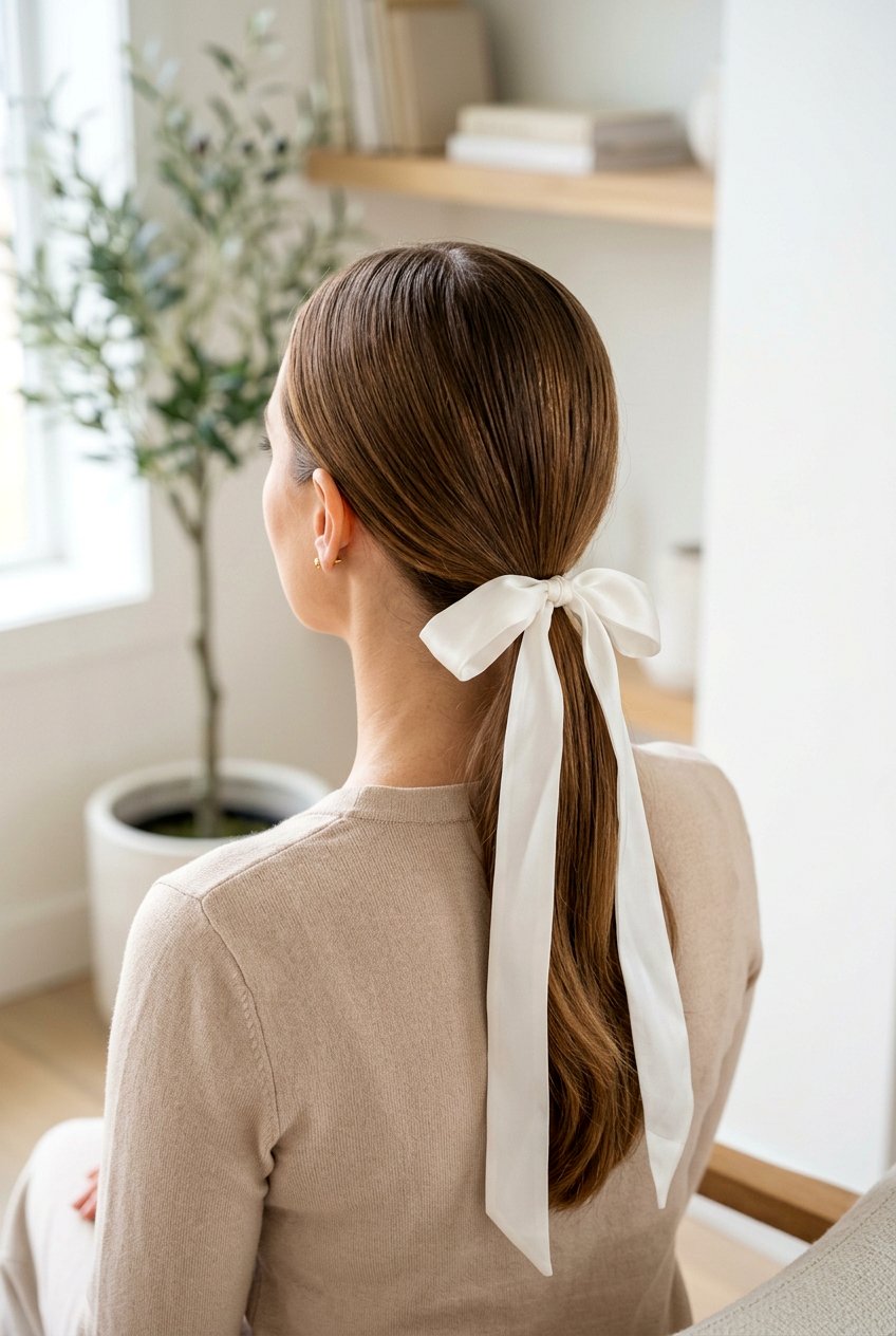 Ribbon Tied Ponytail - 20 bridal hairstyle with center part - 20 bridal hairstyle with center part