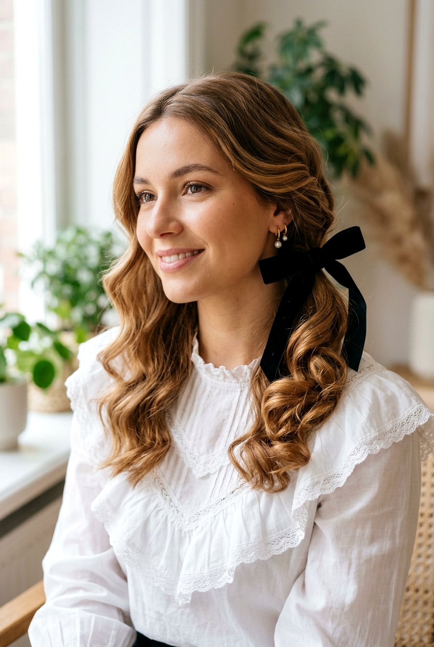 Ribbon Tied Side Curls - 20 side swept curls for wedding guest - 20 side swept curls for wedding guest