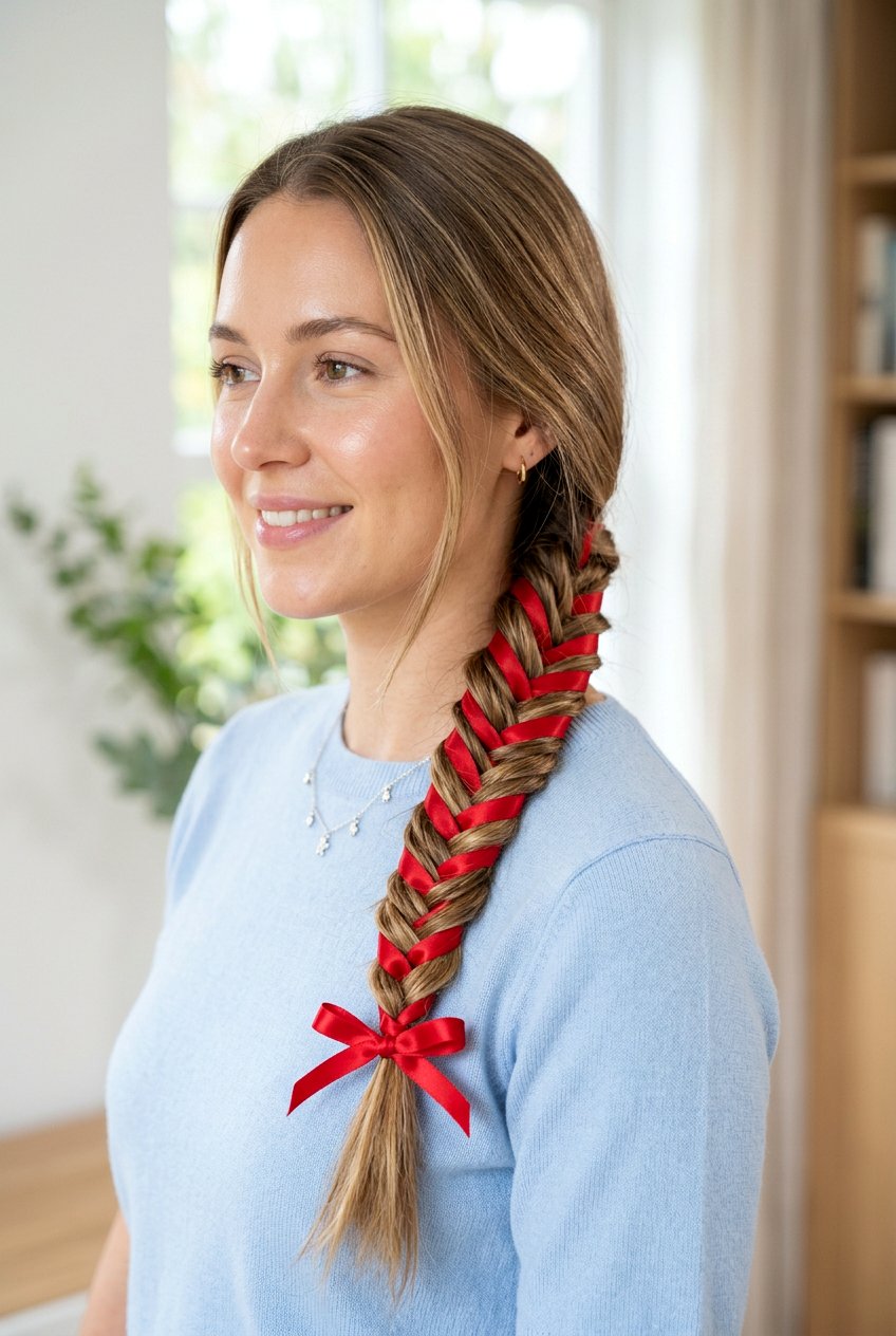 Ribbon Woven Fishtail Braid - 20 coquette ribbon hairstyle - 20 coquette ribbon hairstyle