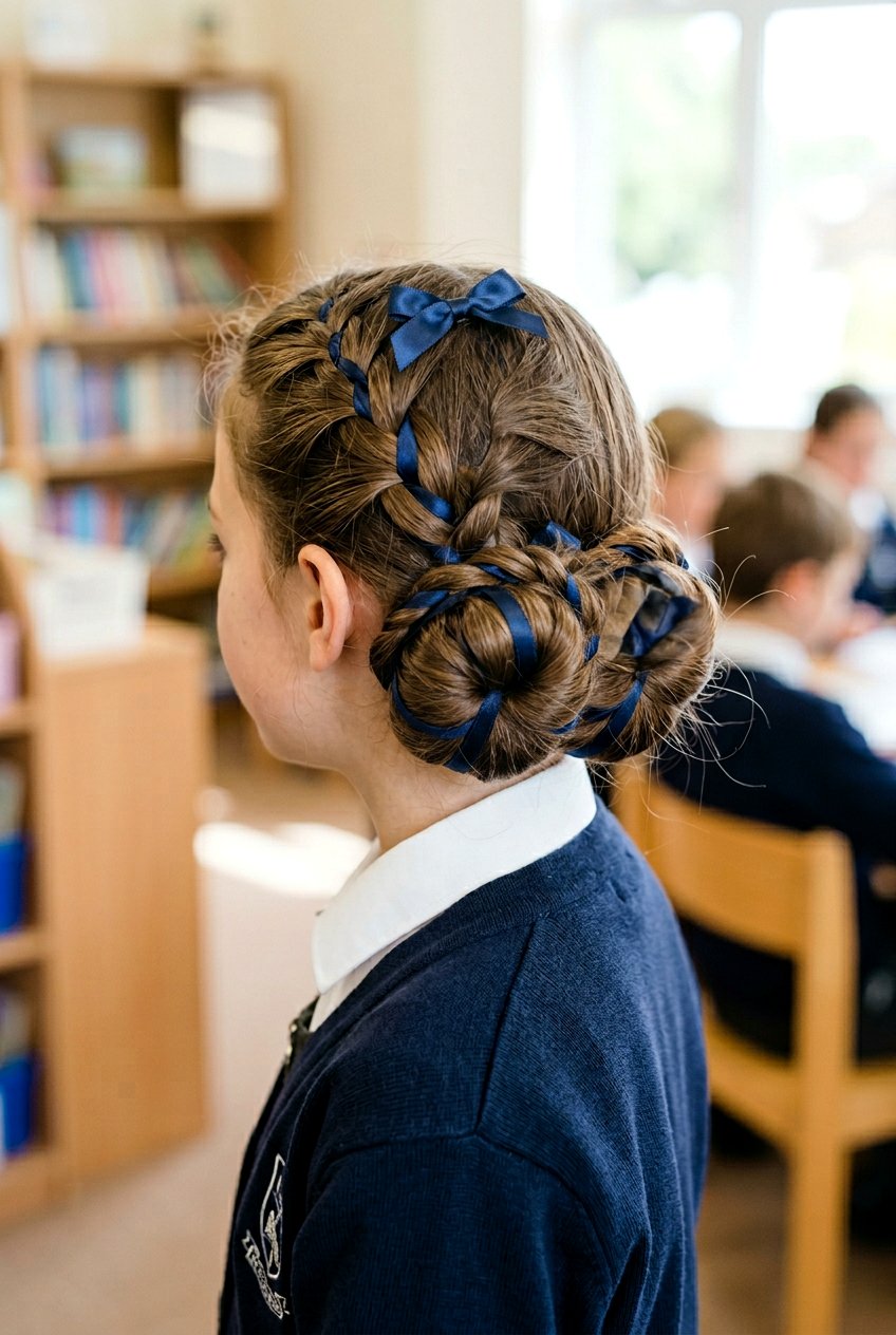 Ribbon Woven Low Bun - 20 cute school hairstyle with ribbon - 20 cute school hairstyle with ribbon