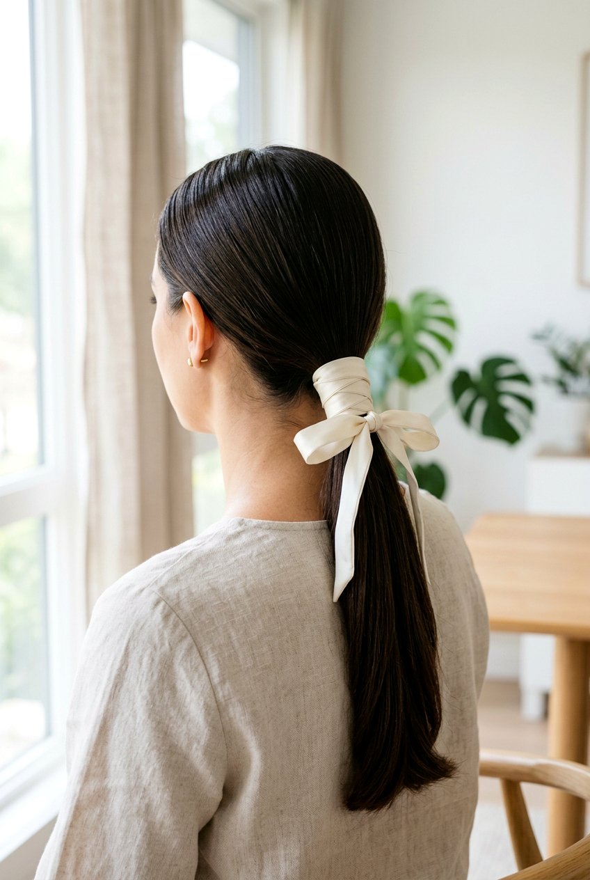 Ribbon Wrapped Low Ponytail - 20 coquette ribbon hairstyle - 20 coquette ribbon hairstyle