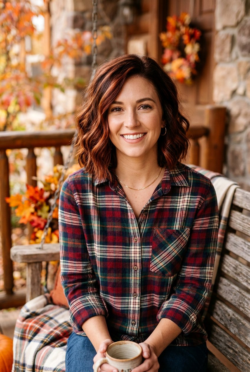 Rich Auburn Lowlight On Wavy Brunette Bob - 20 natural looking brunette refresh - 20 natural looking brunette refresh