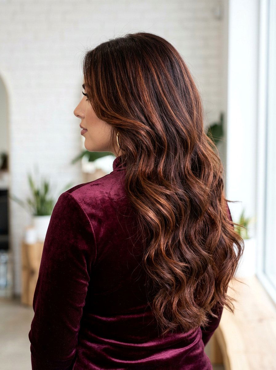 Rich Cinnamon Mahogany Balayage on Thick Hair - 20 warm cinnamon brunette balayage - 20 warm cinnamon brunette balayage