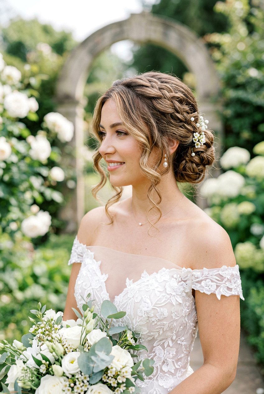 Romantic Braided Bun With Face Framing Curls - 20 braided bun with face framing strands - 20 braided bun with face framing strands