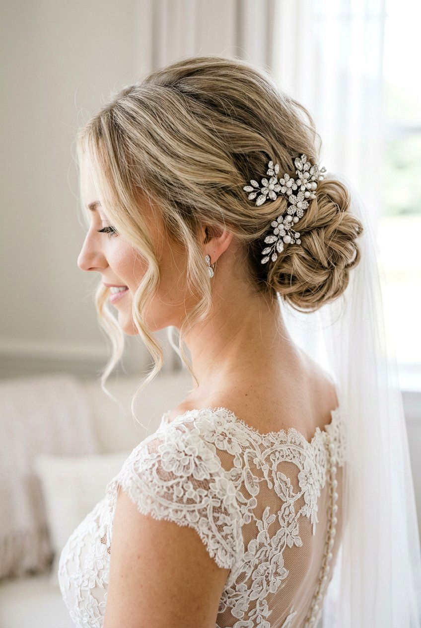 Romantic Chignon With Crystal Hairpins - 20 crystal hairpin bridal hairstyle - 20 crystal hairpin bridal hairstyle
