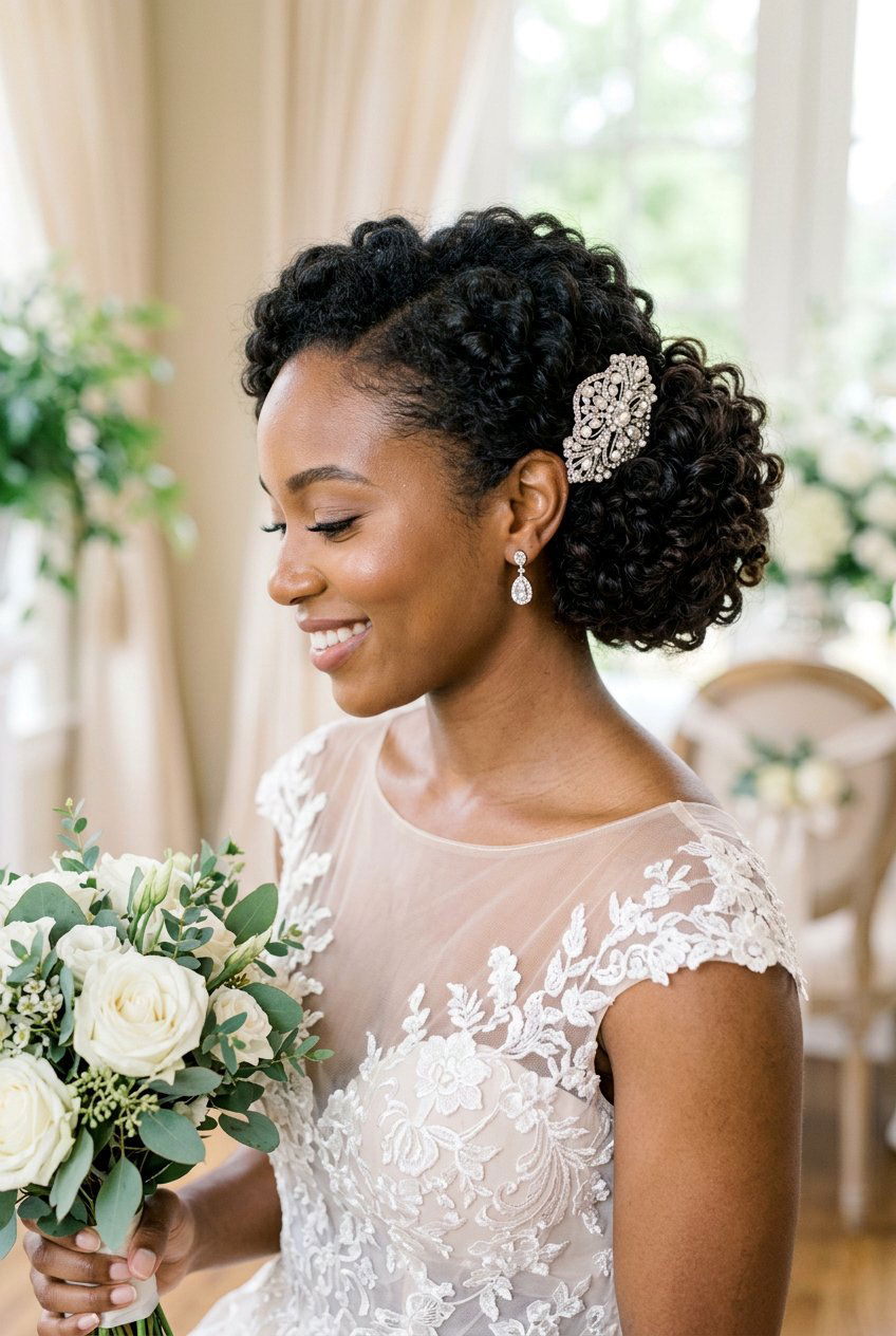 Romantic Curly Side Bun - 20 bridal curly updo for natural hair - 20 bridal curly updo for natural hair