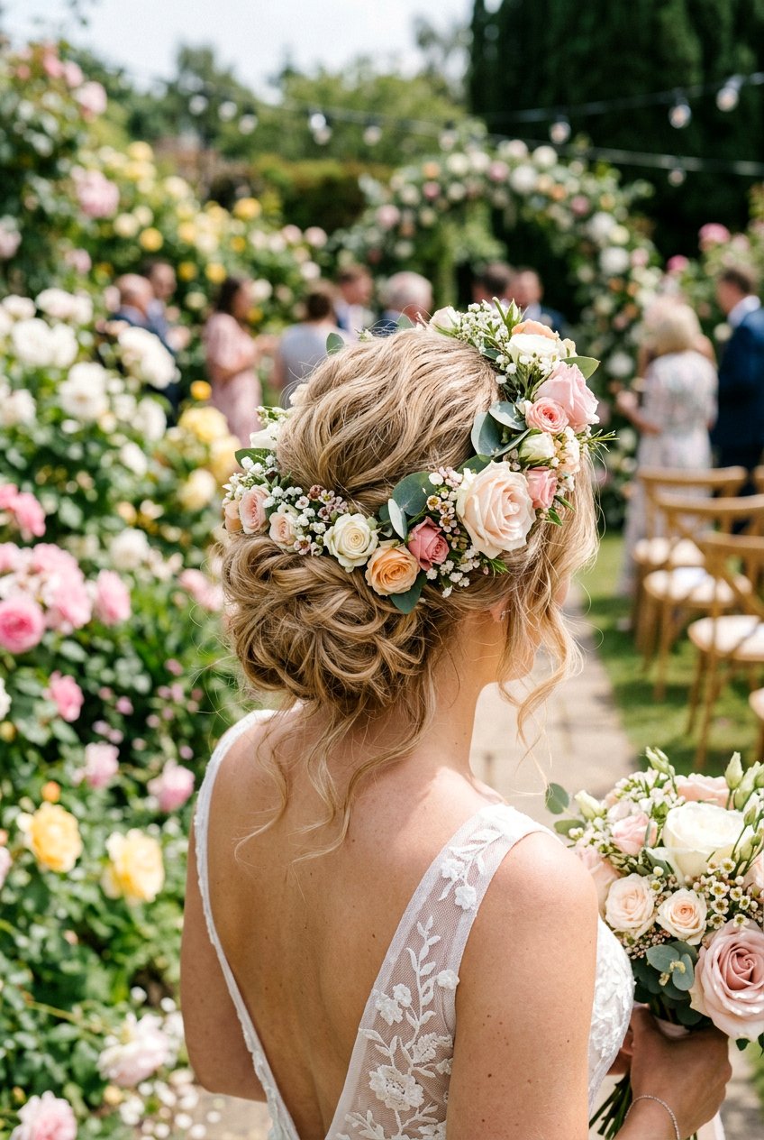 Romantic Flower Crown Bun - 20 boho bridal updo for long hair - 20 boho bridal updo for long hair