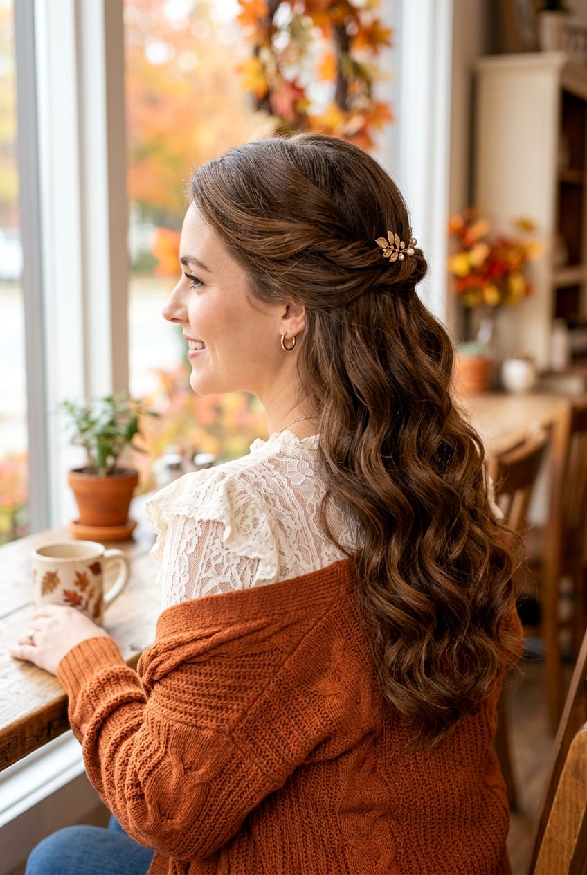 Romantic Half Up Fall Hairstyle - 20 fall hairstyles for women - 20 fall hairstyles for women