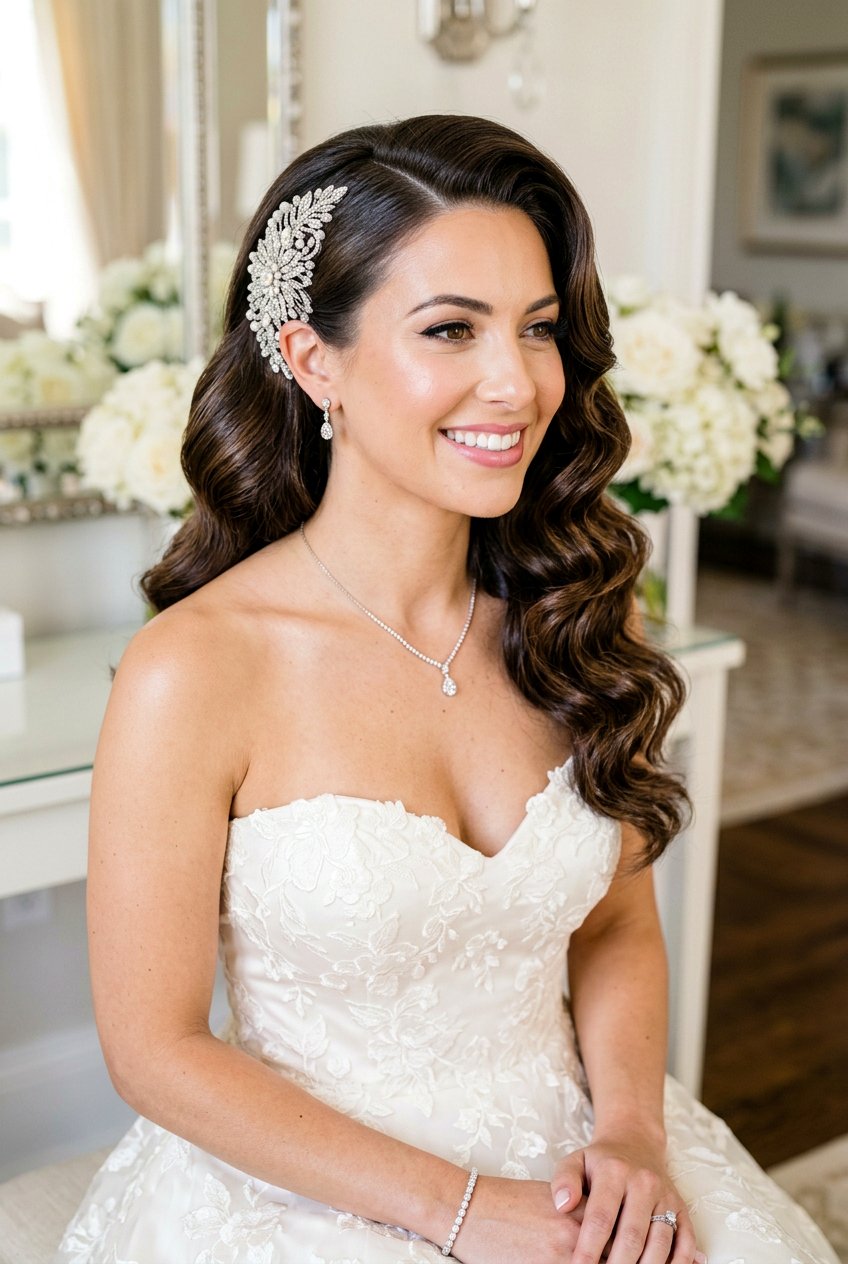 Romantic Hollywood Waves - 20 bridal hairstyle with crystal comb - 20 bridal hairstyle with crystal comb