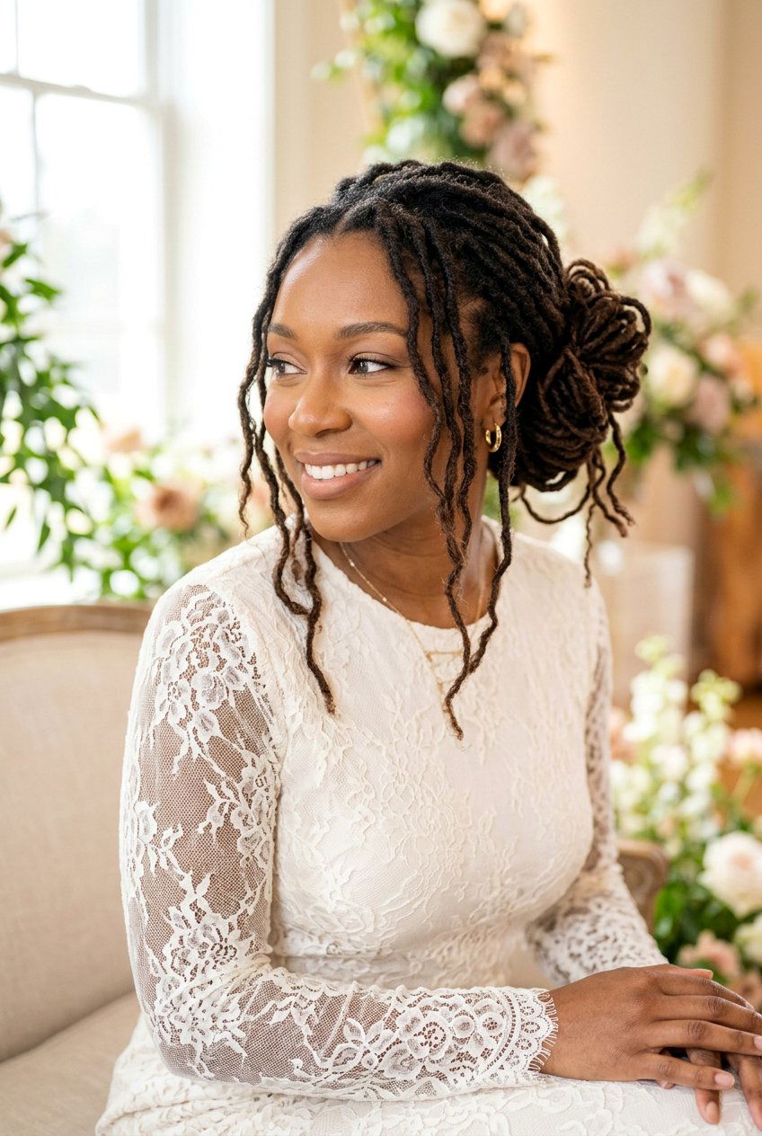 Romantic Loc Updo With Loose Pieces - 20 bridal loc styles - 20 bridal loc styles