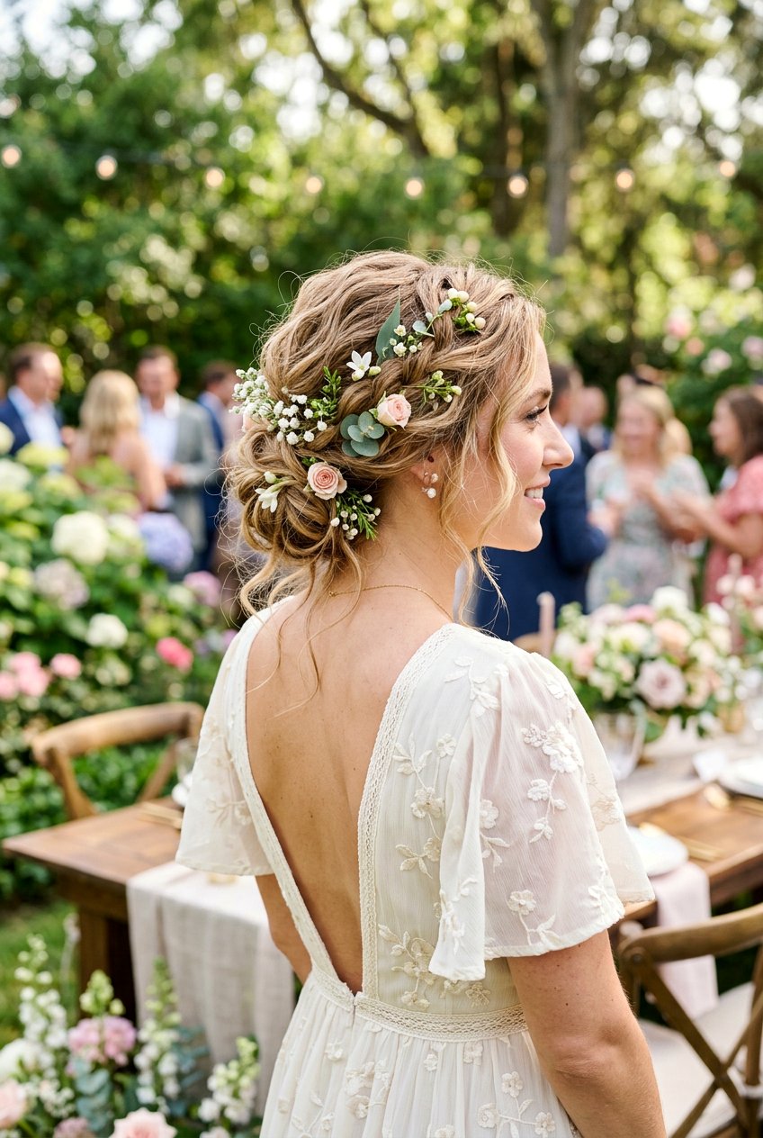 Romantic Loose Updo With Floral Accents - 20 engagement party hairstyles - 20 engagement party hairstyles