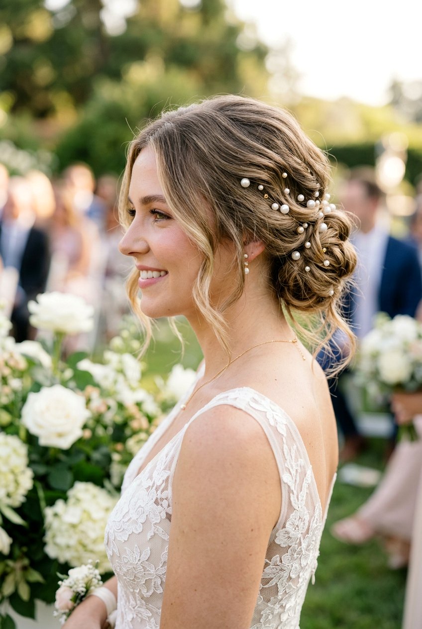 Romantic Low Bun With Pearls For Bridesmaids - 20 bridesmaid low bun hairstyle - 20 bridesmaid low bun hairstyle