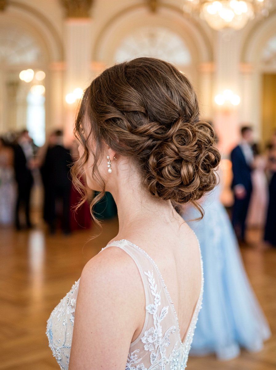 Romantic Low Bun With Soft Curls - 20 prom low bun for medium hair - 20 prom low bun for medium hair