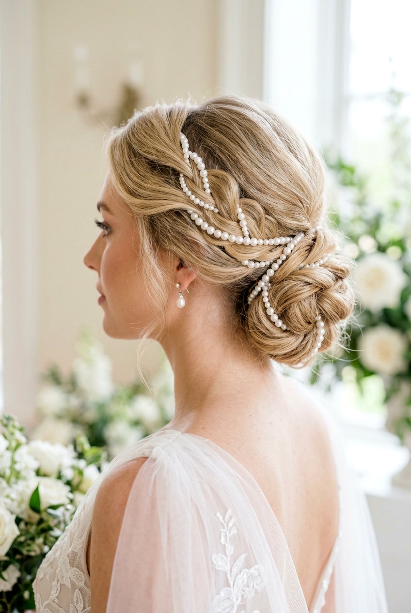Romantic Low Bun With Woven Pearls - 20 birthday hairstyle with low bun and pearls - 20 birthday hairstyle with low bun and pearls