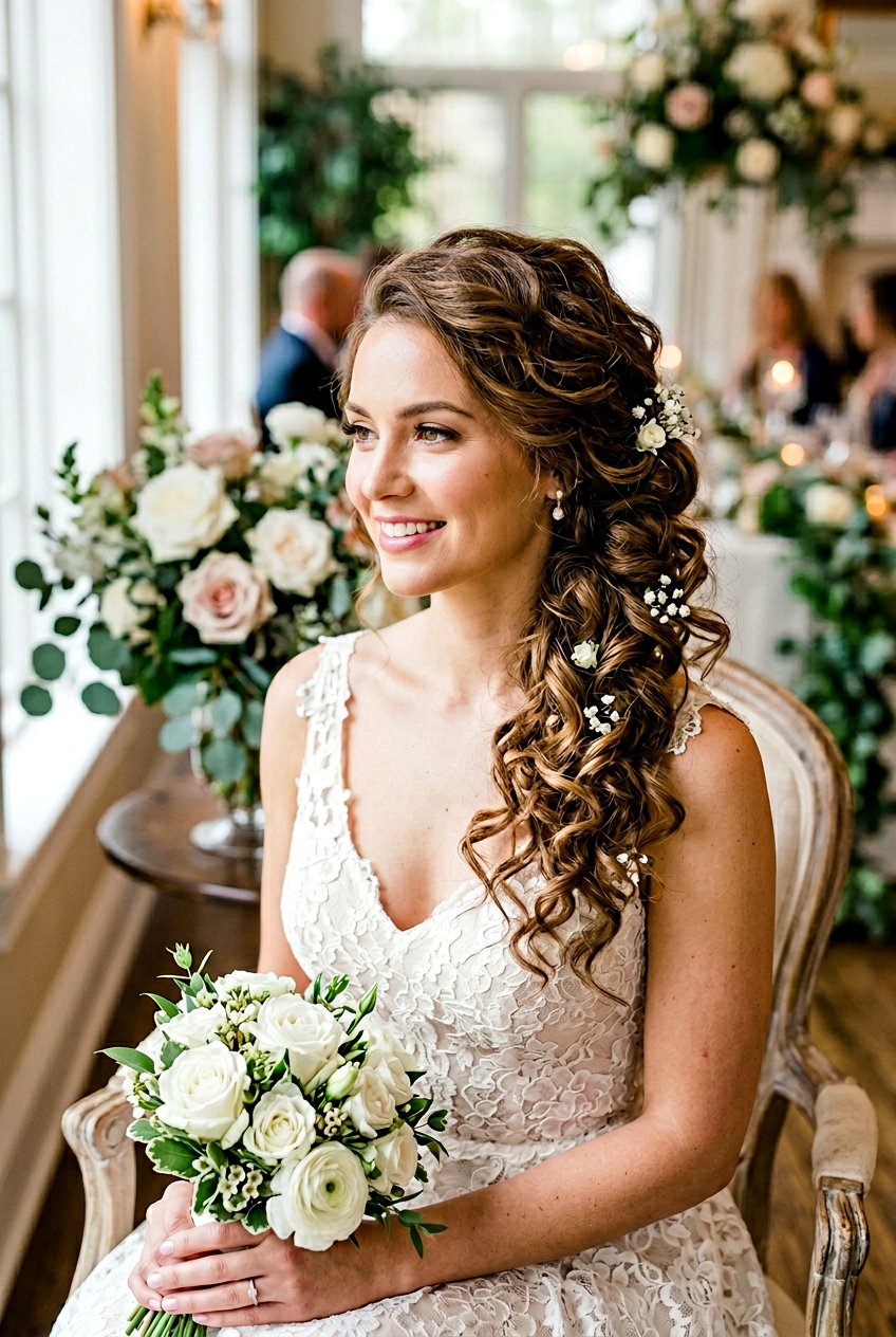 Romantic Side Swept Curly Bun - 20 bridesmaid side bun with curls - 20 bridesmaid side bun with curls