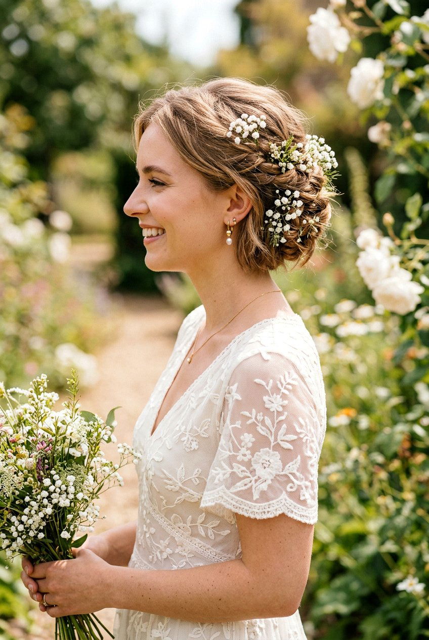 Romantic Updo with Floral Accessories - 20 wedding guest hairstyles for short hair - 20 wedding guest hairstyles for short hair