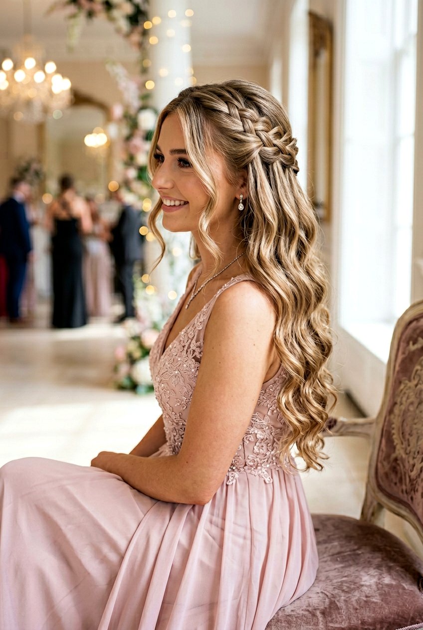 Romantic Waterfall Braid Half Updo - 20 prom hairstyles for long hair - 20 prom hairstyles for long hair