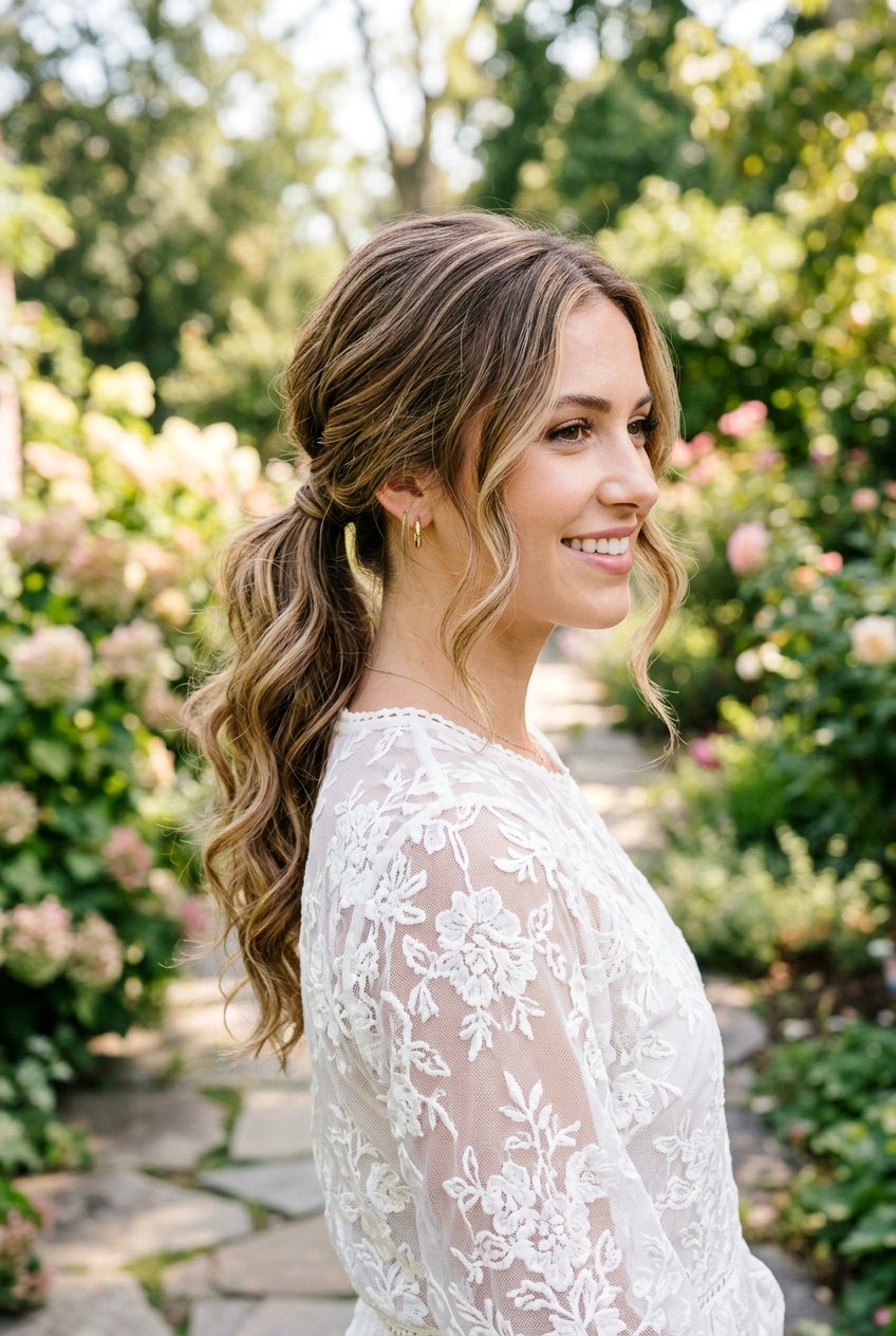 Romantic Wavy Low Ponytail For Engagement - 20 engagement photo ponytail hairstyle - 20 engagement photo ponytail hairstyle