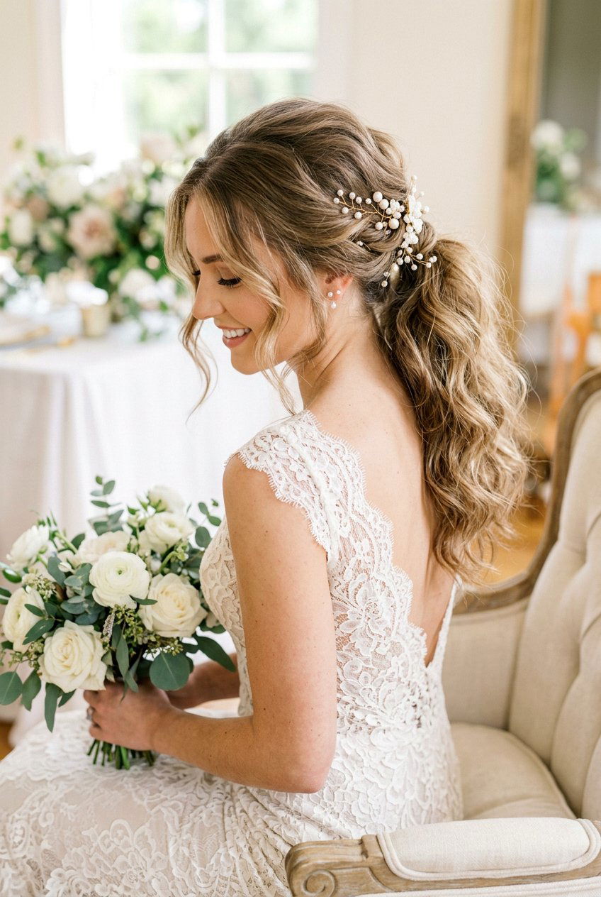 Romantic Wispy Bridal Ponytail - 20 bridal ponytail with pearl pins - 20 bridal ponytail with pearl pins
