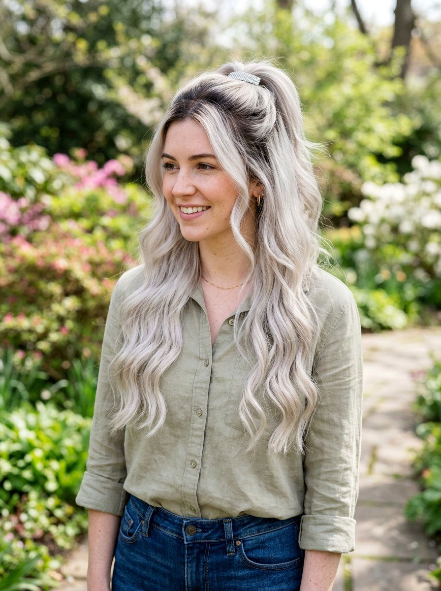 Rooted Silver Blonde Half Up - 20 rooted silver blonde hair - 20 rooted silver blonde hair