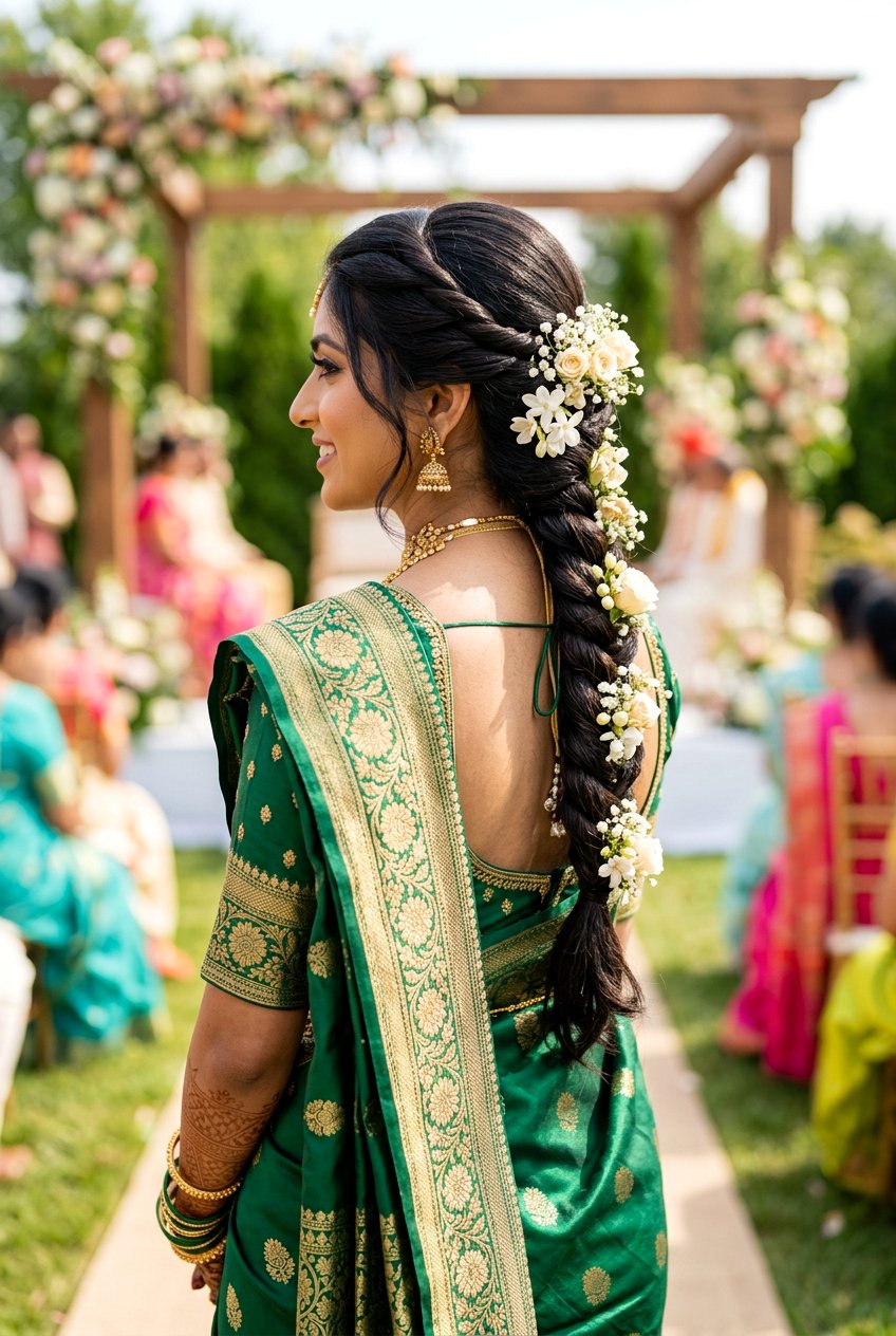Rope Braid Bridal Hairstyle With Floral Accents - 20 south asian bridal braid hairstyle - 20 south asian bridal braid hairstyle