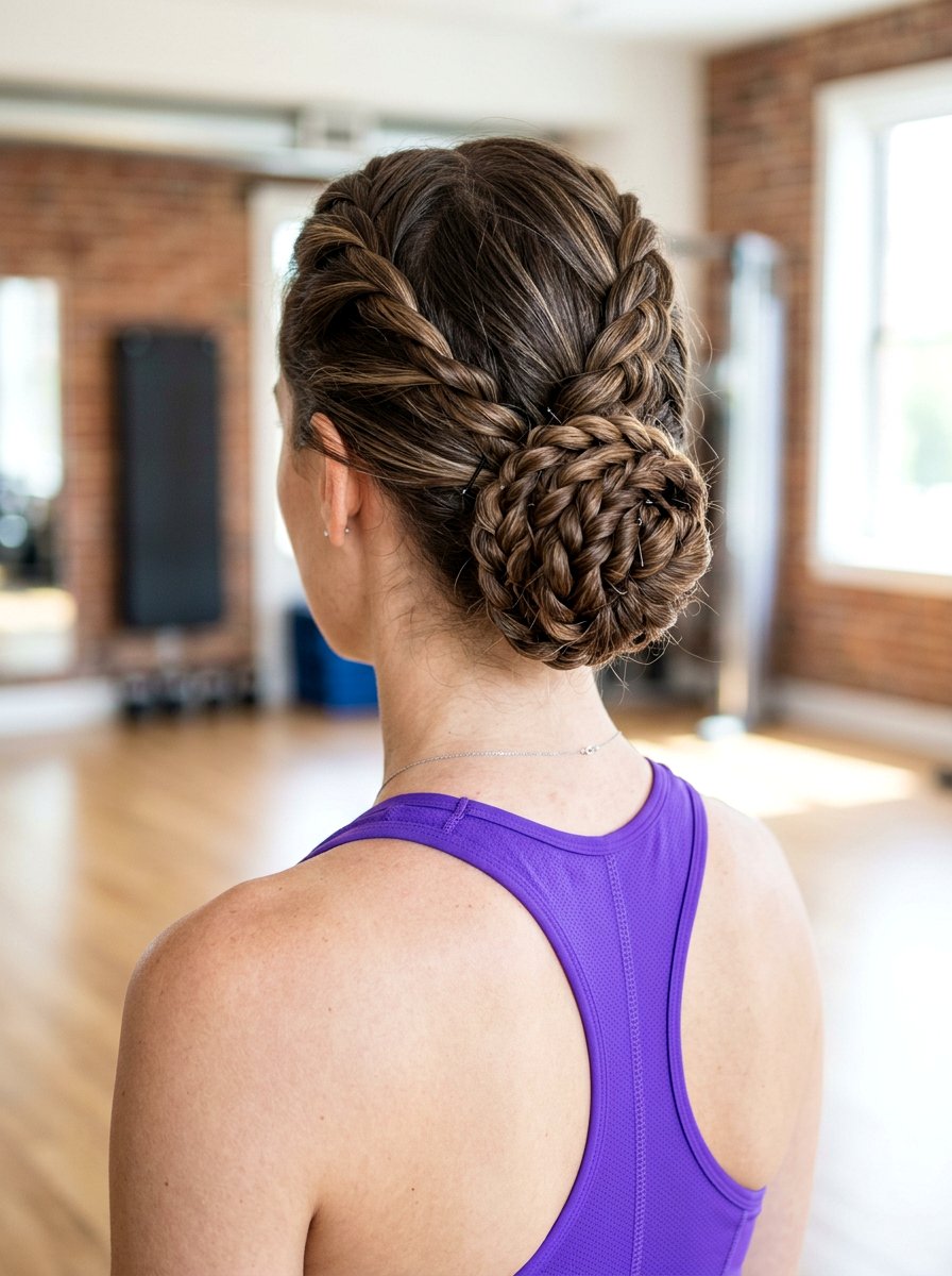 20 Sleek Gym Hairstyle with Low Braid Bun for Your Workout