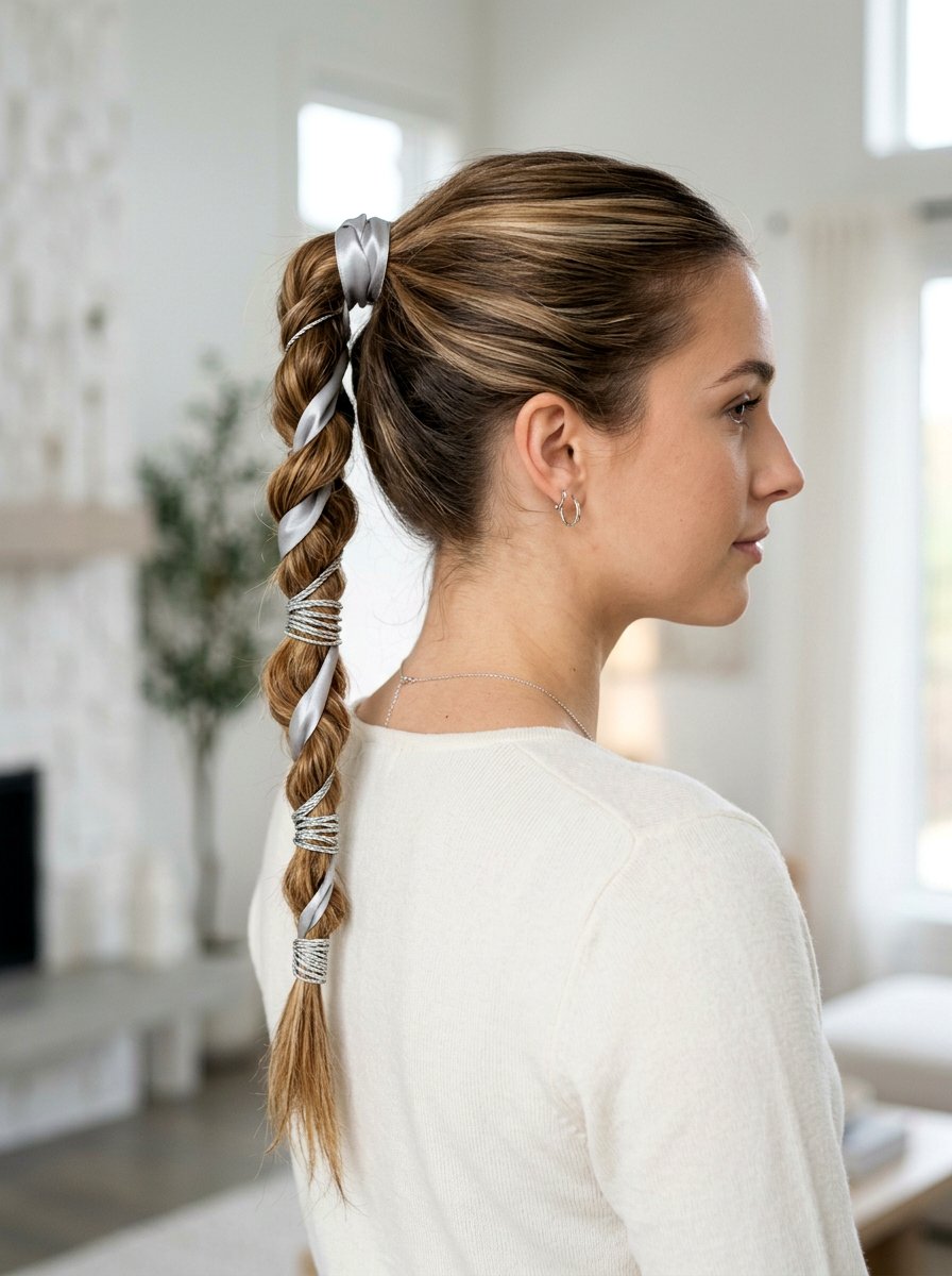 Rope Braid With Silver Ribbon - 20 silver ribbons for shoulder length hair - 20 silver ribbons for shoulder length hair