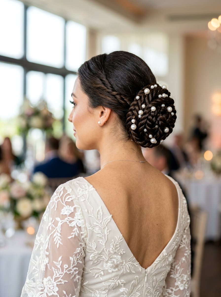 Rope Braided Bun With Pearls - 20 pearl embellished bun hairstyle - 20 pearl embellished bun hairstyle