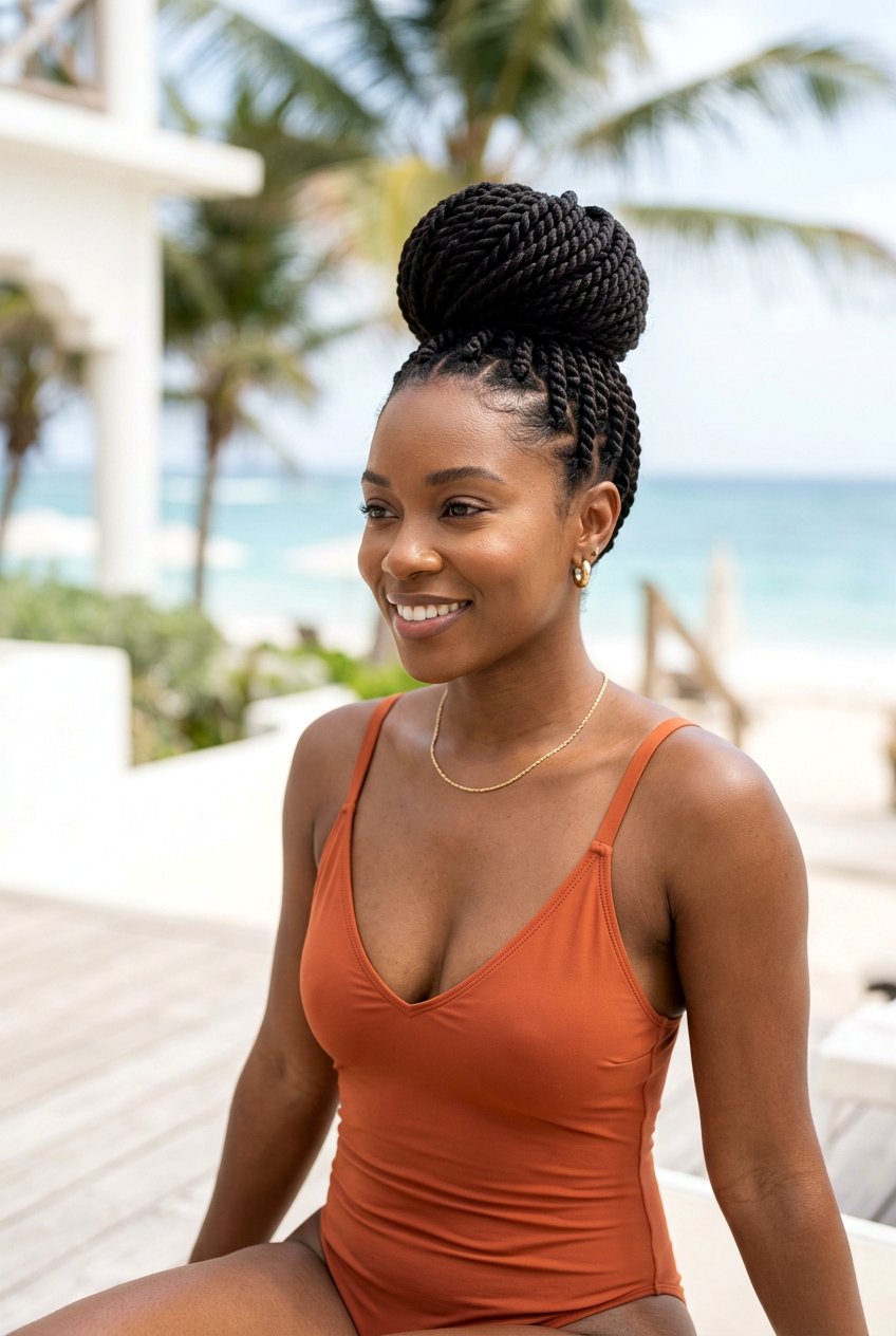 Rope Twist High Bun - 20 pool day braid bun hairstyle - 20 pool day braid bun hairstyle