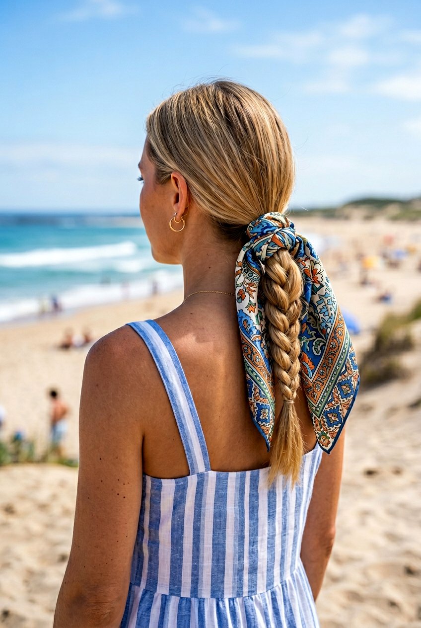 Rope Twist Low Ponytail With Scarf - 20 beach hairstyle with low scarf ponytail - 20 beach hairstyle with low scarf ponytail