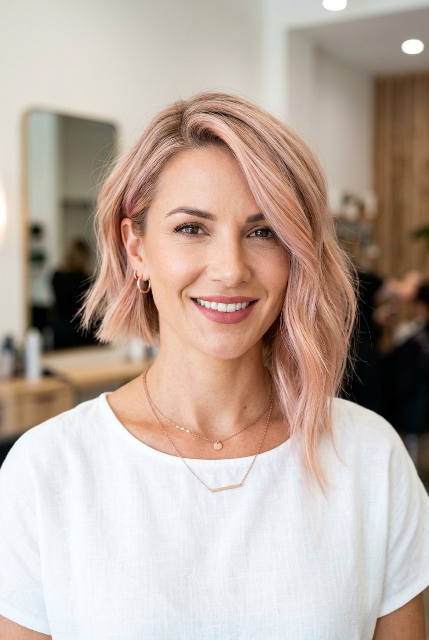 Rose Blonde Balayage Asymmetrical Bob - 20 blonde bob balayage ideas - 20 blonde bob balayage ideas