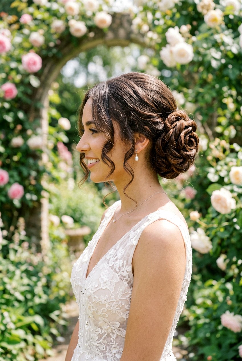 Rose Bun With Curly Face Frame - 20 bridal bun with curls in front - 20 bridal bun with curls in front