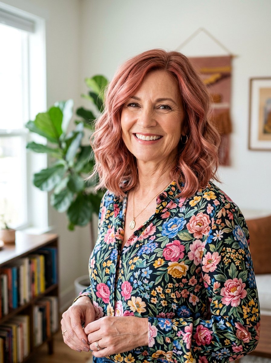 Rose Copper Hair Color On Wavy Lob - 20 copper refresh for mature women - 20 copper refresh for mature women