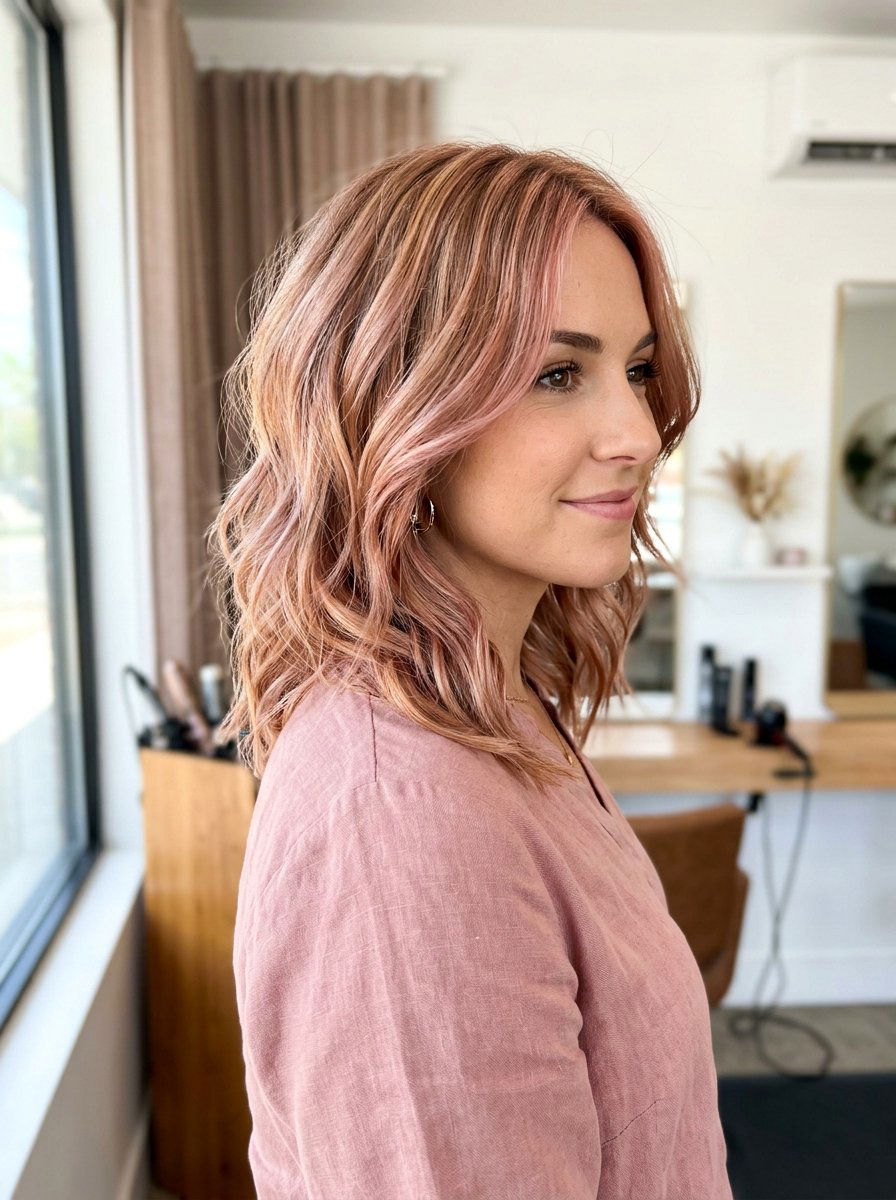 Rose Gold Blonde Dimensional Layered Lob - 20 dimensional blonde for layered lob - 20 dimensional blonde for layered lob