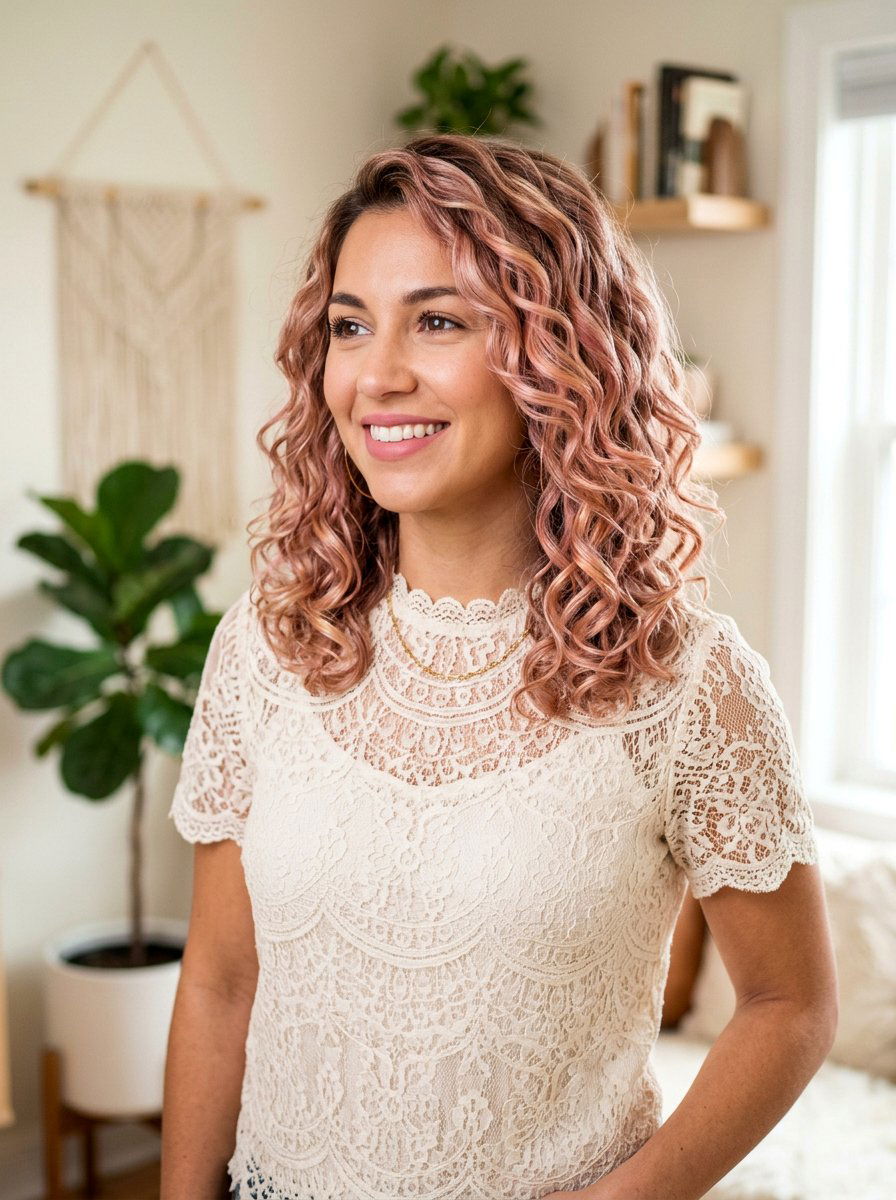 Rose Gold Dimensional Balayage Curly Lob Bob - 20 dimensional balayage for curly bob - 20 dimensional balayage for curly bob