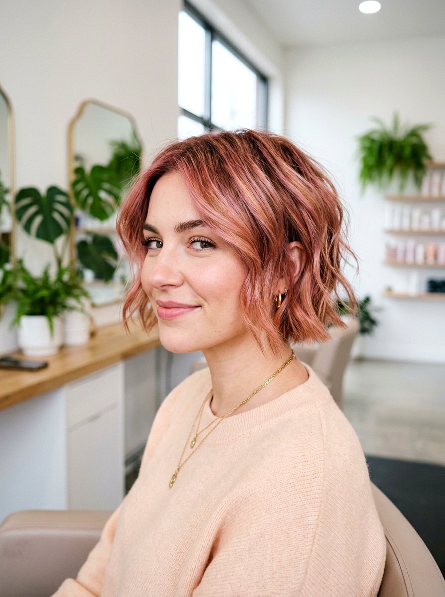 Rose Gold Short Bob - 20 dimensional bob hair color ideas - 20 dimensional bob hair color ideas