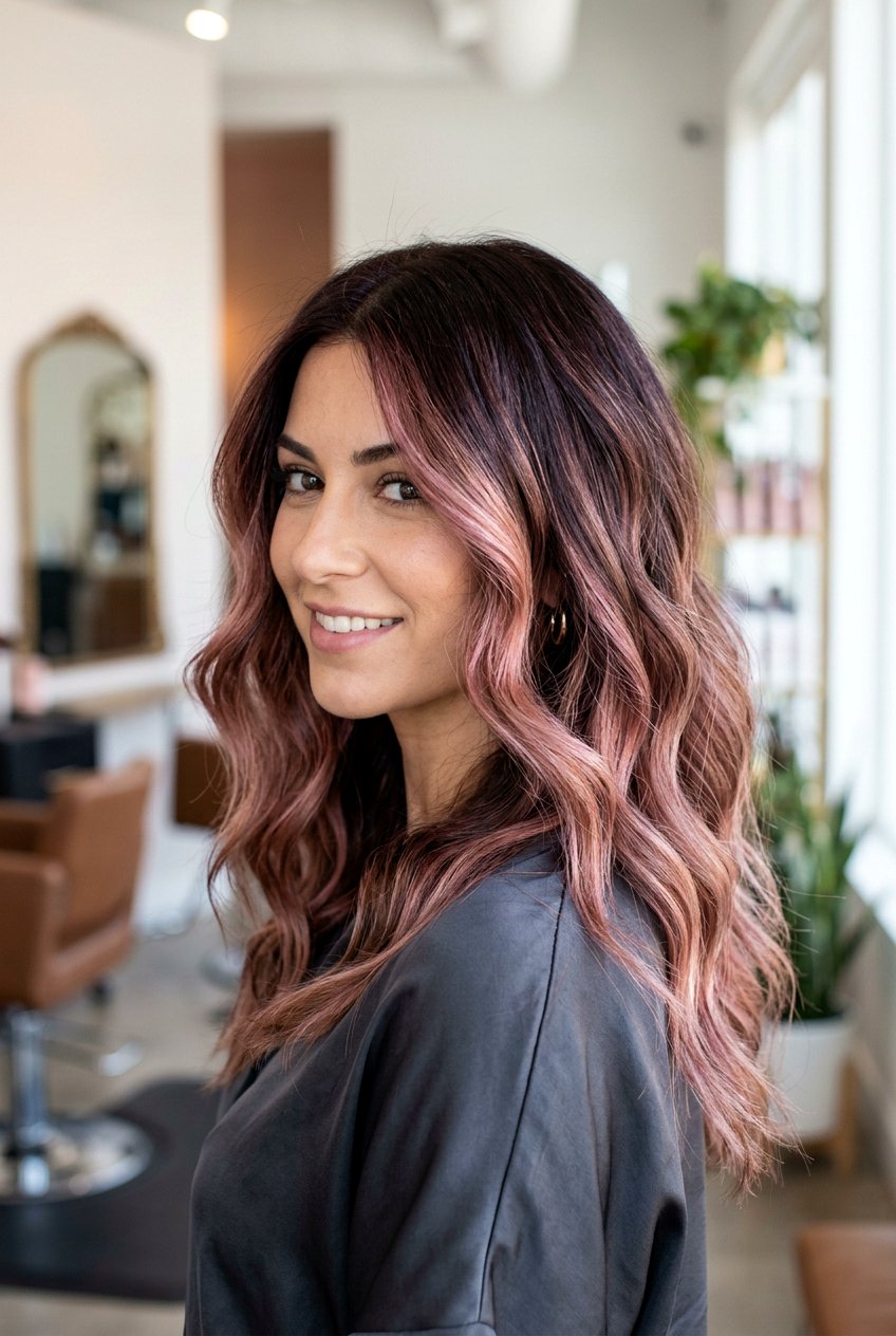 Rose gold balayage on dark hair - 20 high contrast balayage hair - 20 high contrast balayage hair