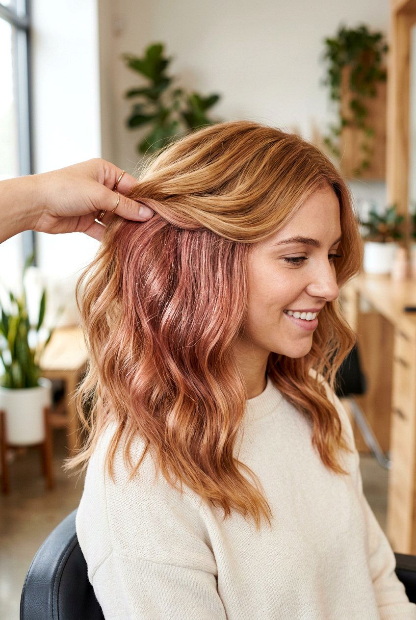 Rose gold peekaboo on blonde hair - 20 peekaboo hair color - 20 peekaboo hair color