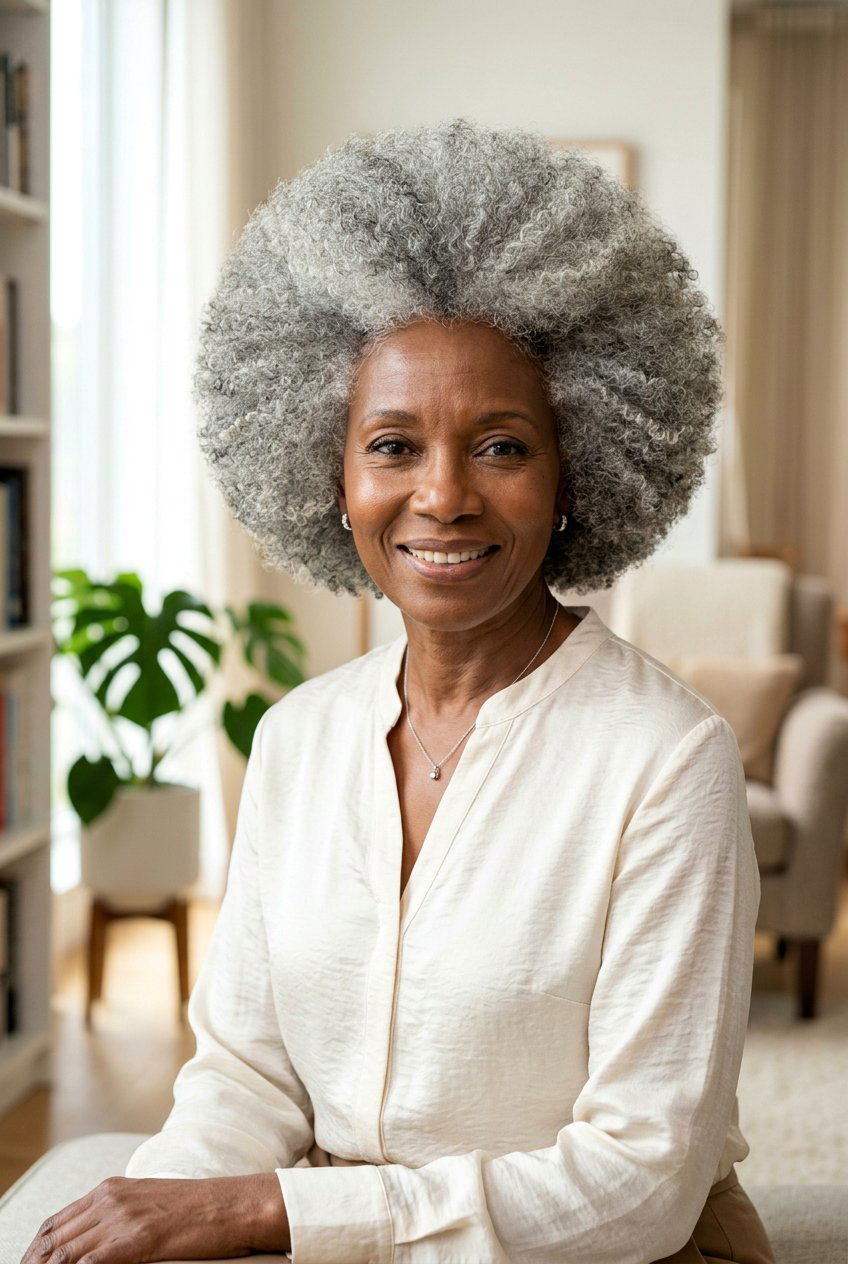 Rounded Afro on Natural Gray Hair - 20 rounded afro haircut for black women - 20 rounded afro haircut for black women