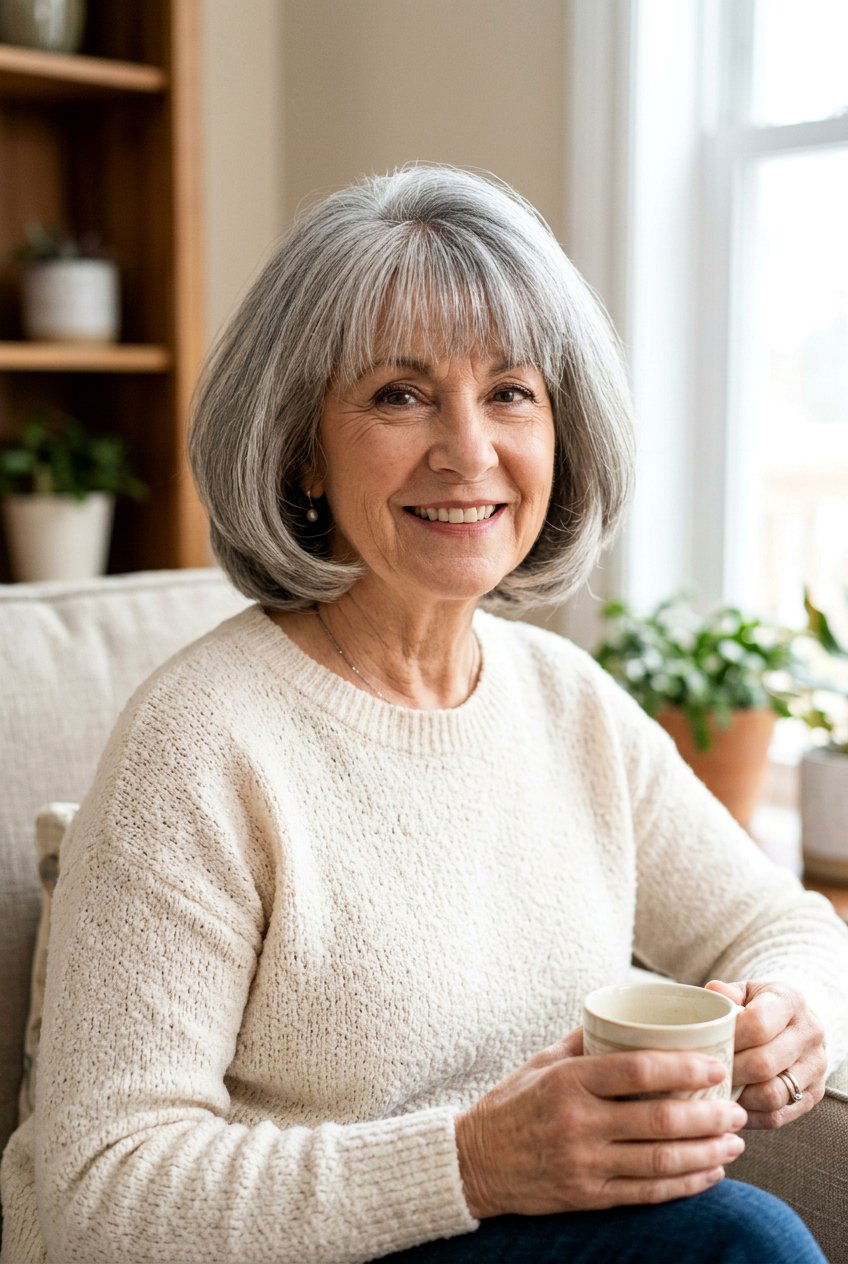 Rounded Bubble Bob With Fringe - 20 bob haircut with soft fringe for older women - 20 bob haircut with soft fringe for older women