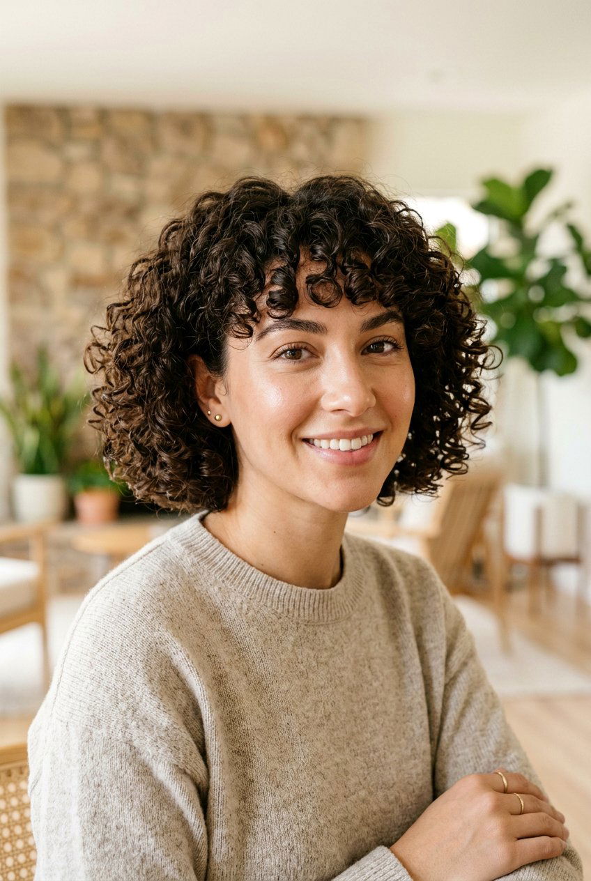 Rounded Curly Bob With Fringe - 20 curly fringe haircut women - 20 curly fringe haircut women