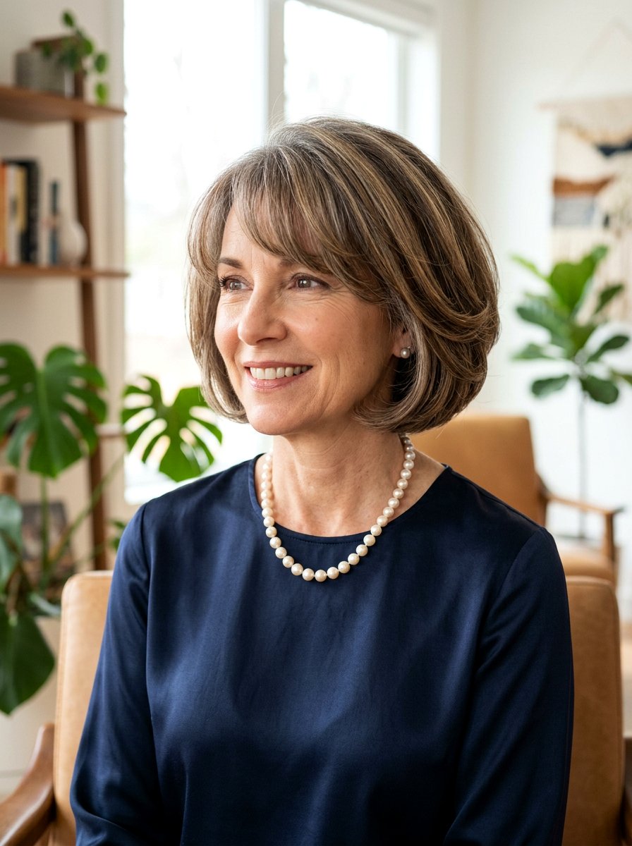 Rounded Layered Bob - 20 layered bob with curtain bangs for women over 50 - 20 layered bob with curtain bangs for women over 50