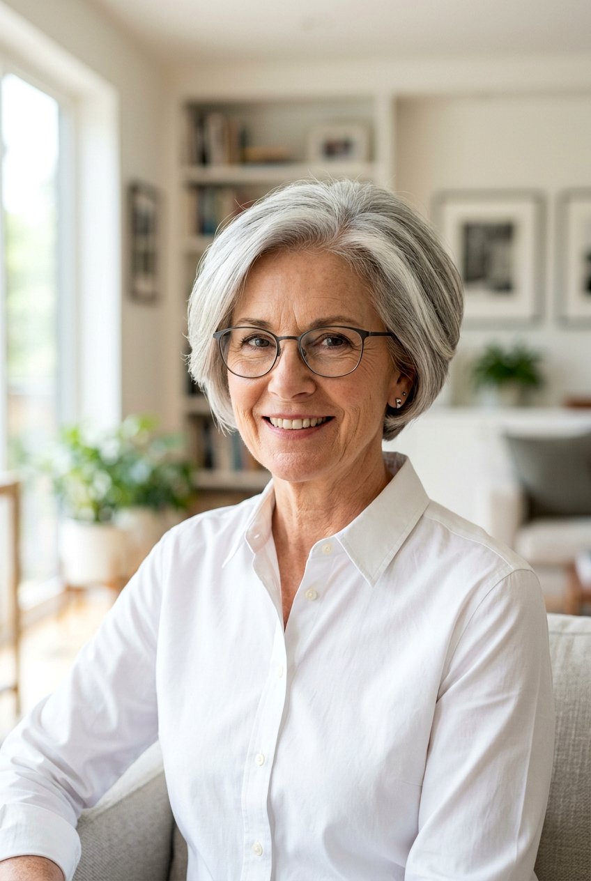 Rounded Silver Wedge Cut - 20 gray hairstyles for women with glasses - 20 gray hairstyles for women with glasses