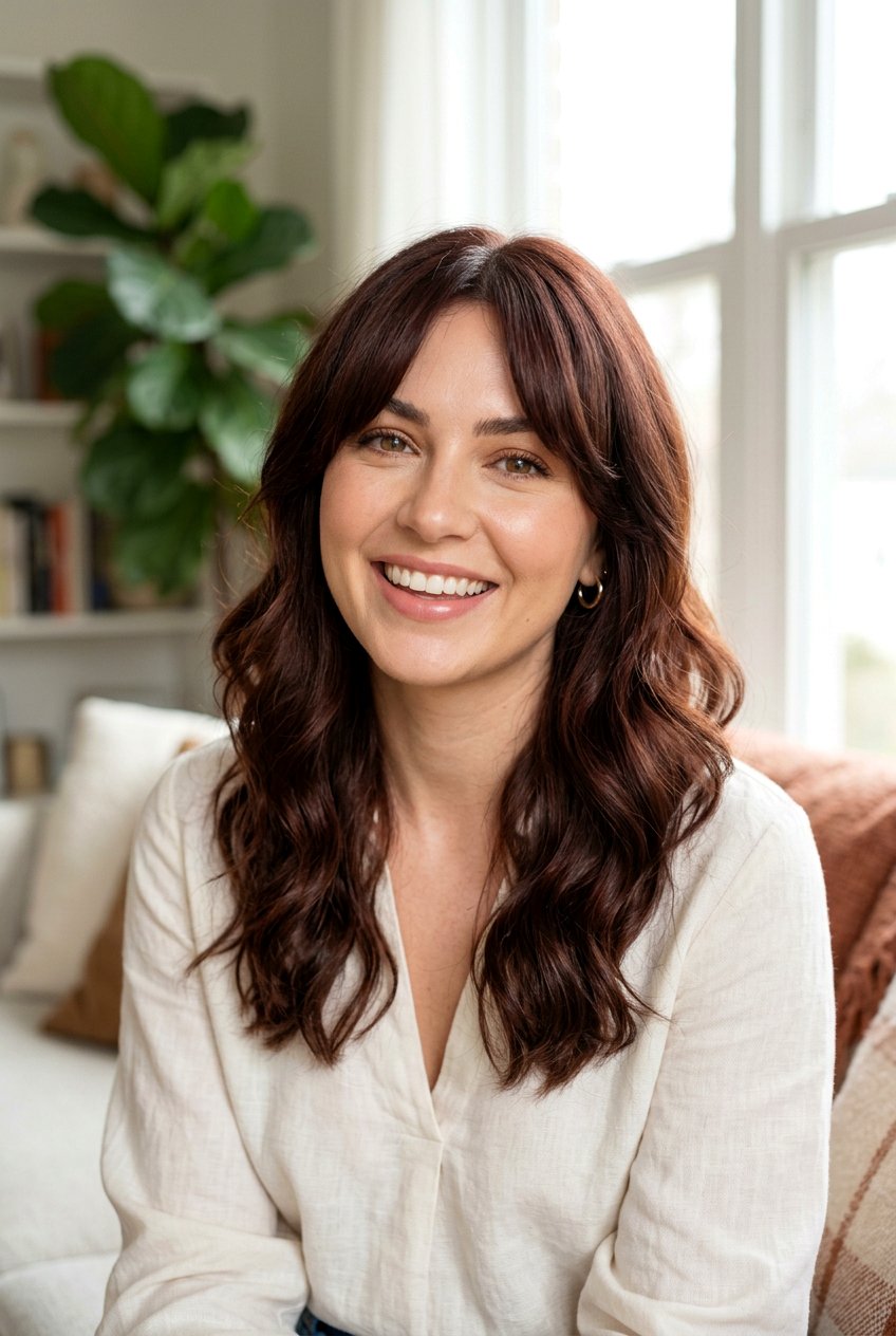 Ruby Brunette With Curtain Bangs - 20 ruby brunette hair color - 20 ruby brunette hair color