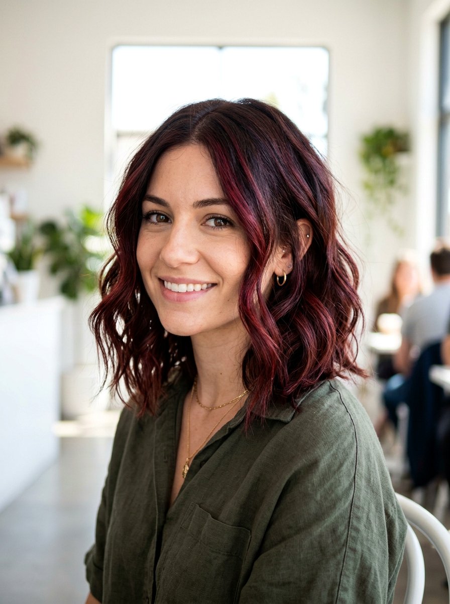 Ruby Red Highlights On Brunette Lob - 20 ruby red highlights on brunette hair - 20 ruby red highlights on brunette hair