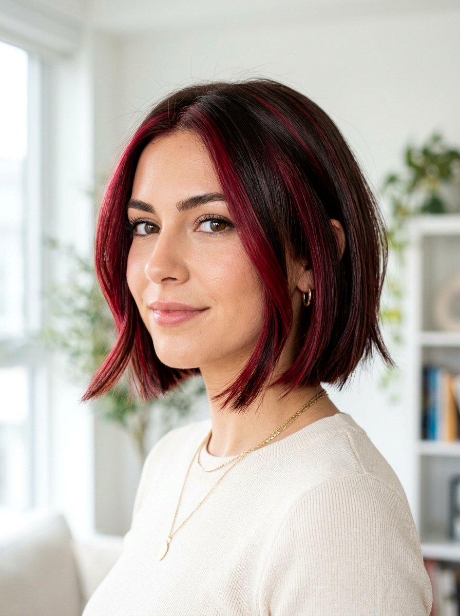 Ruby Red Highlights On Short Brunette Bob - 20 ruby red highlights on brunette hair - 20 ruby red highlights on brunette hair